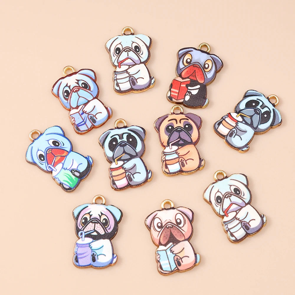 Leslie 10pcs New Cartoon Animal Dog Charms Enamel Metal Book Drinking Dog Pendants For Women DIY Necklace Earrings Jewelry Gifts