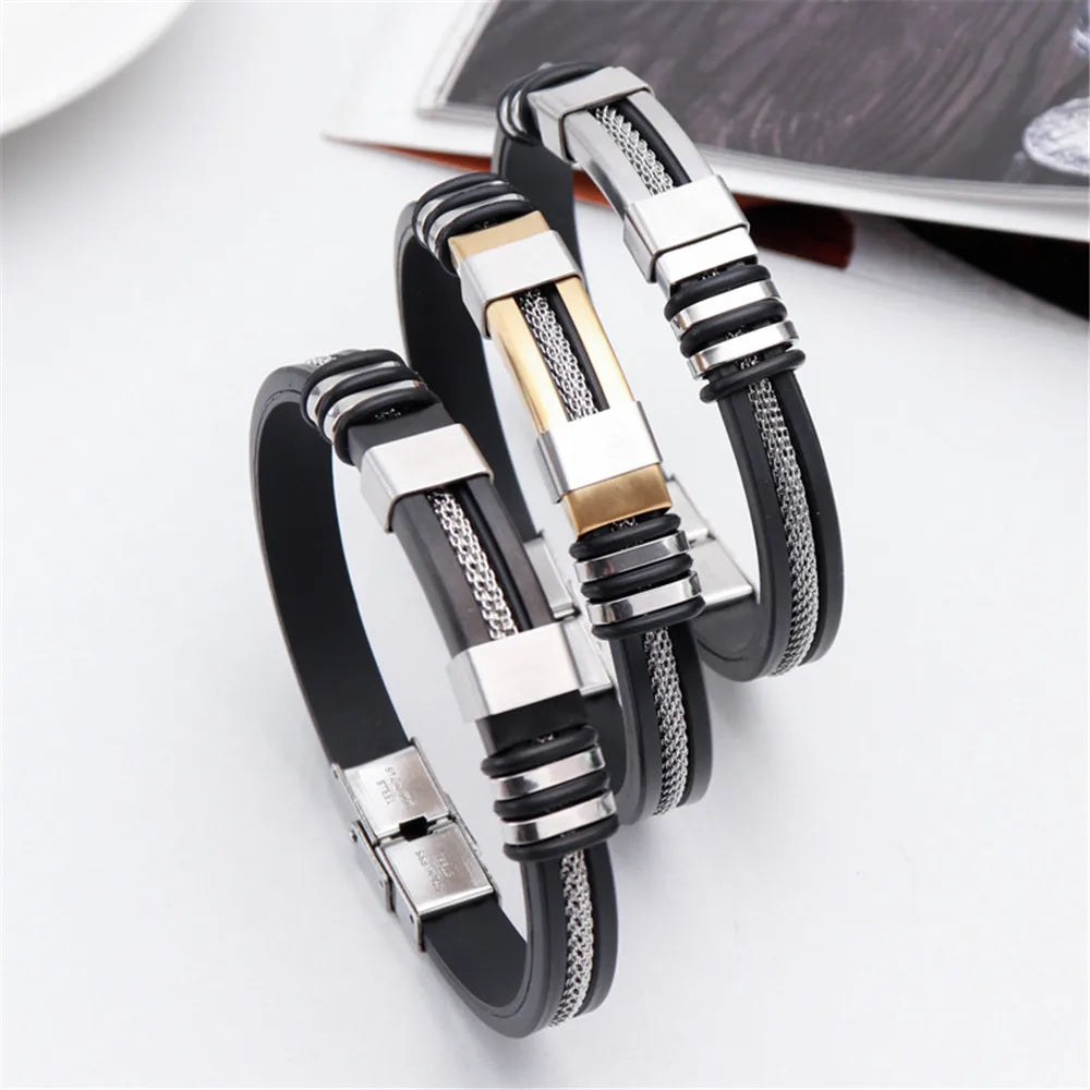 MKENDN Punk Style Men Jewelry Non-fading Steel Wire Rope Silicone Bracelet Classic Cuff Charm Bracelet for Men Male Gifts