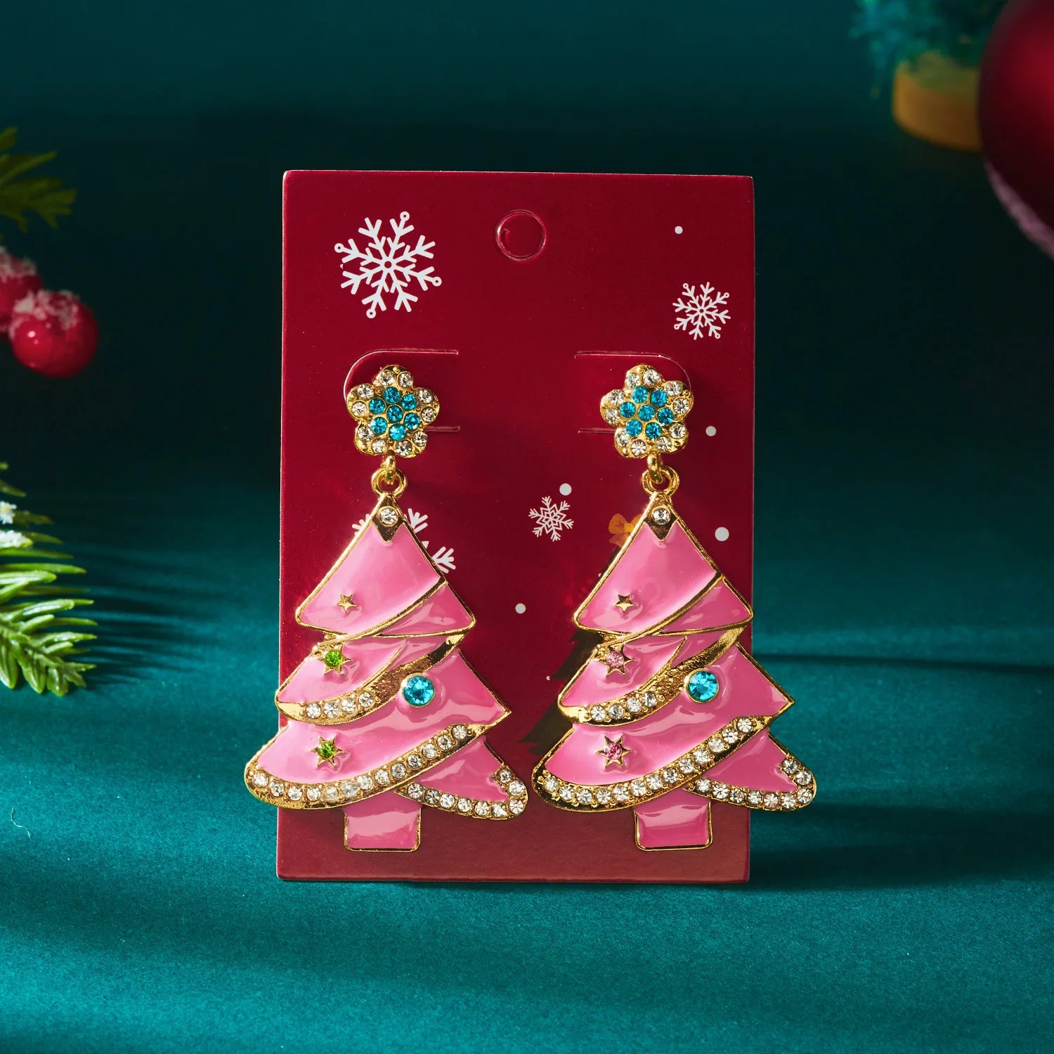 Creative Pink Christmas Tree Dangle Earrings For Women Crystal Zircon Heart Xmas Tree Hat Bell Earring Party Festival Jewelry