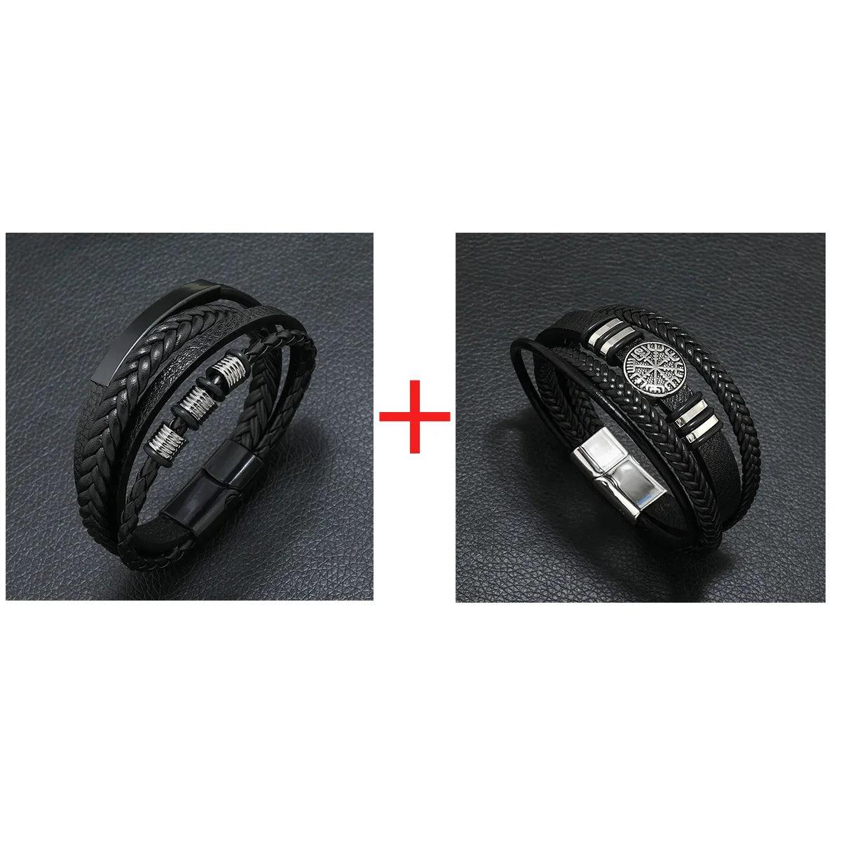 New Men's Leather Braided Bracelet Crack Pyramid Alloy Magnet Buckle Multilayer Leather Bracelet Bracelet