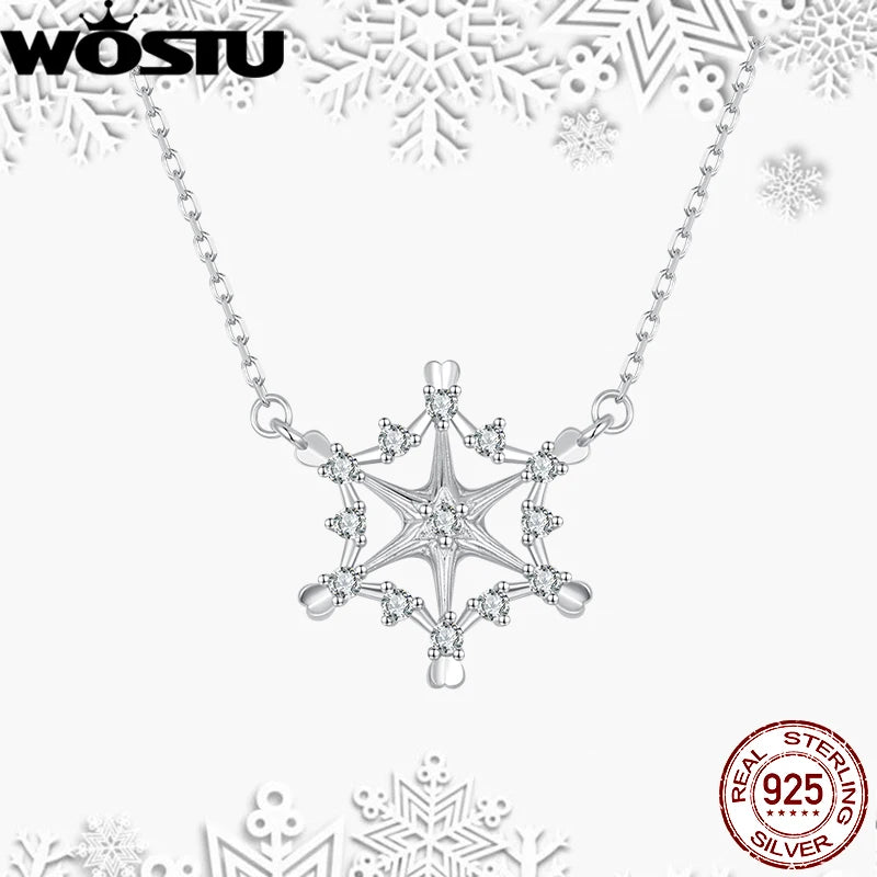 WOSTU Christmas Real 925 Sterling Silver Snowflake Pendant Necklace with Clear Cubic Zirconia New Year Holiday Jewelry Gift