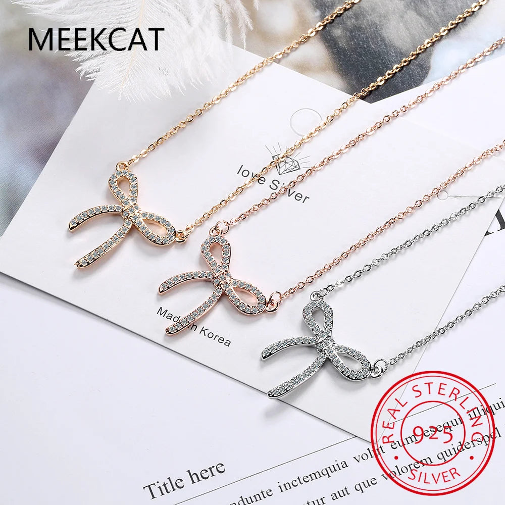 Pass Diamond Test Lab Moissanite Total 0.5 Carat Bow Necklace Pendant 925 Sterling Silver Platinum Plated Luxury Jewelry