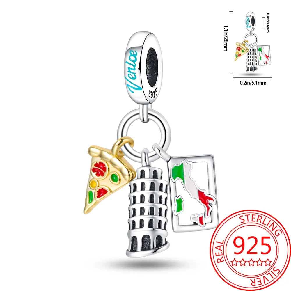 Creative 925 Sterling Silver Eiffel Tower Gold Heart Double Charm Fit DlY Bracelet Necklaces Women's Dating Jewelry Accessories