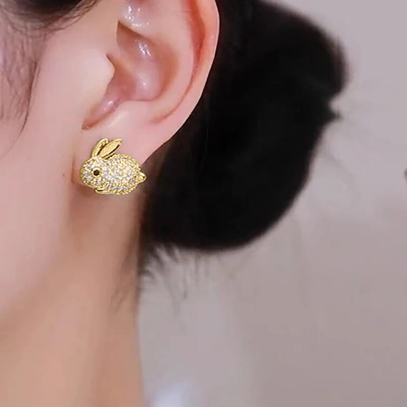 Huitan Animal Rabbit Stud Earrings for Women Full Paved CZ Cute Ear Accessories Fancy Girls Gift Daily Wear Party Trendy Jewelry