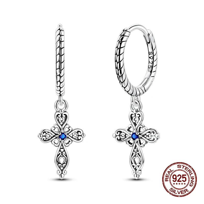 New Earrings 925 Silver Shining Baroque Style Retro Cross Hoop Earrings For Women Daily Wear Birthday Fine Party Jewelry Gift