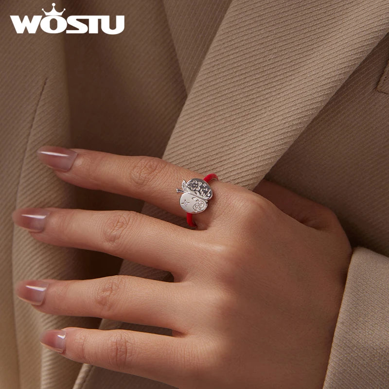 WOSTU 925 Sterling Silver Christmas Apple Open Ring Unique Adjustable Rings Xmas Gift For women