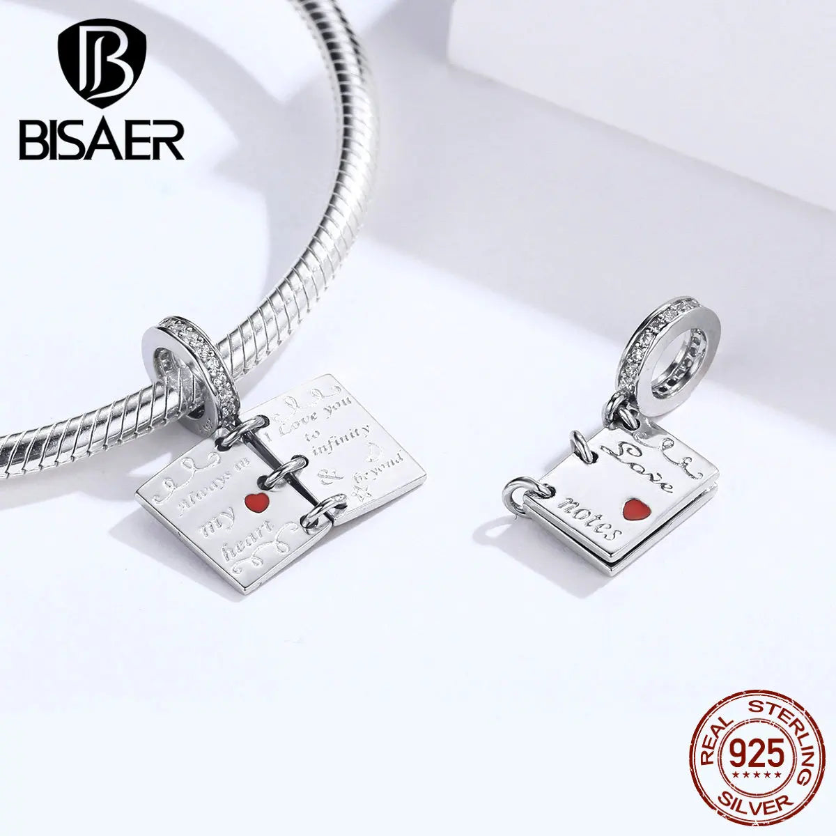 BISAER 925 Sterling Silver Love Letter-Silver Pendant Chocolate Red Heart- A Charm Women DIY Bracelet Fine Jewelry Accessories