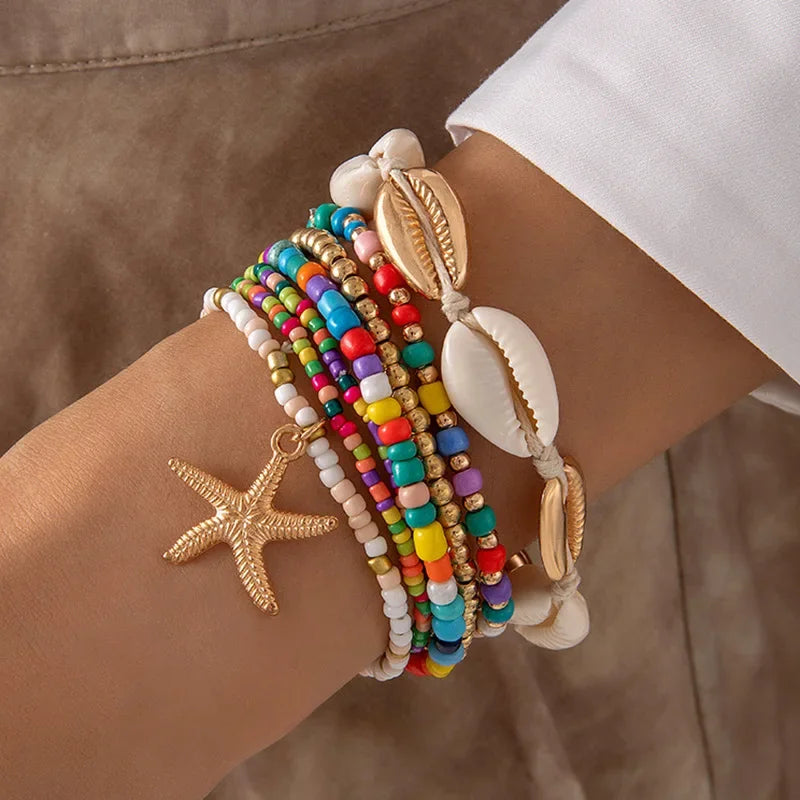 7Pcs Boho Summer Starfish Bracelet Set For Women Bohemian Shell Rice Beads Elastic Chain Bangle Girls Beach Jewelry Accessories