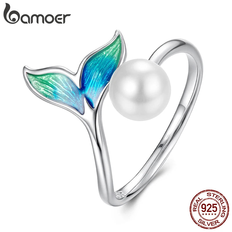 BAMOER Solid 925 Sterling Silver Mermaid Tail Adjustable Ring for Women Girl, Lucky Animal Jewelry Gifts for Women BSR673-E