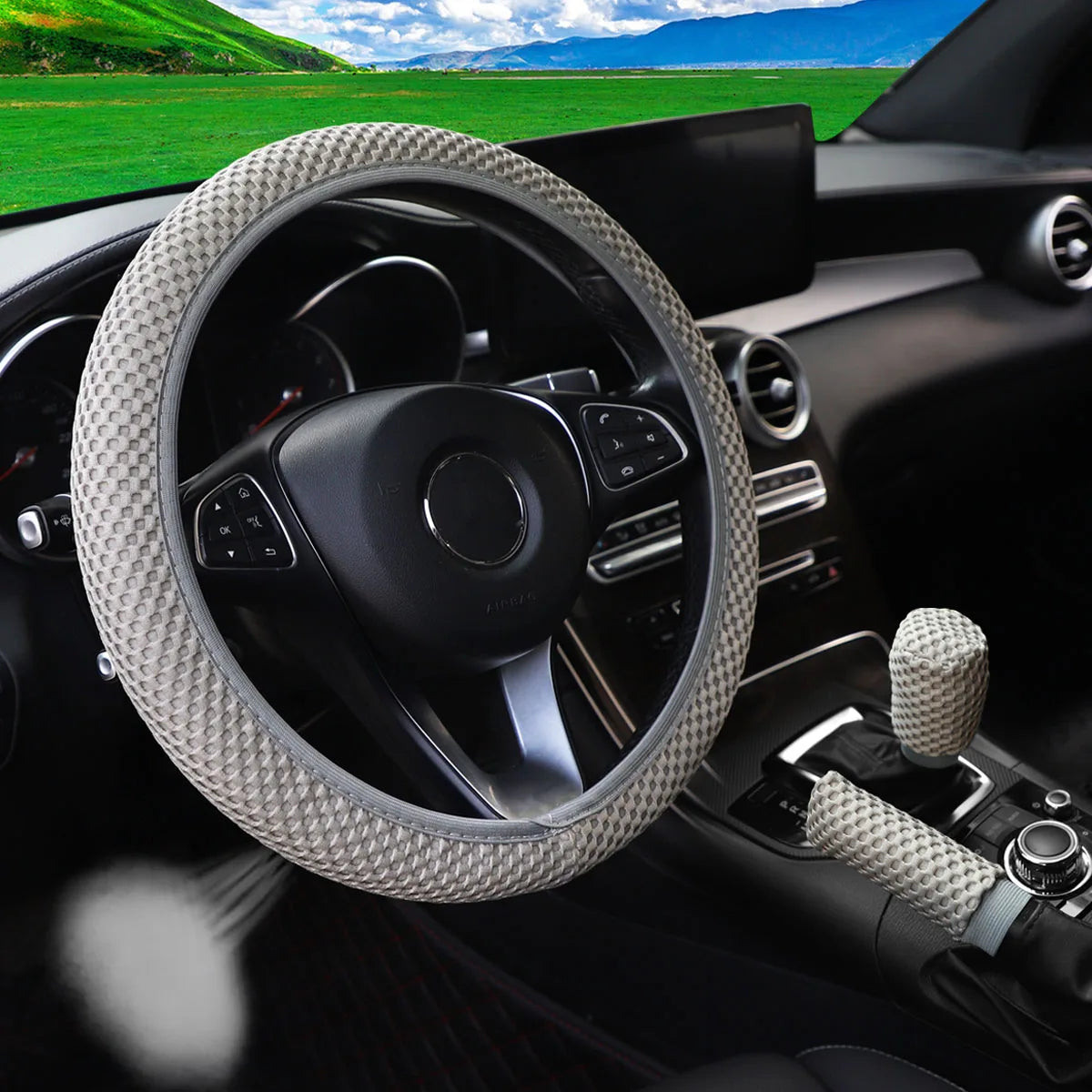 3-piece Massage Mesh Cloth Breathable Car without Inner Ring Steering Wheel Cover Handbrake Cover Handle Cover 14.5-15INCH - Madeinsea©
