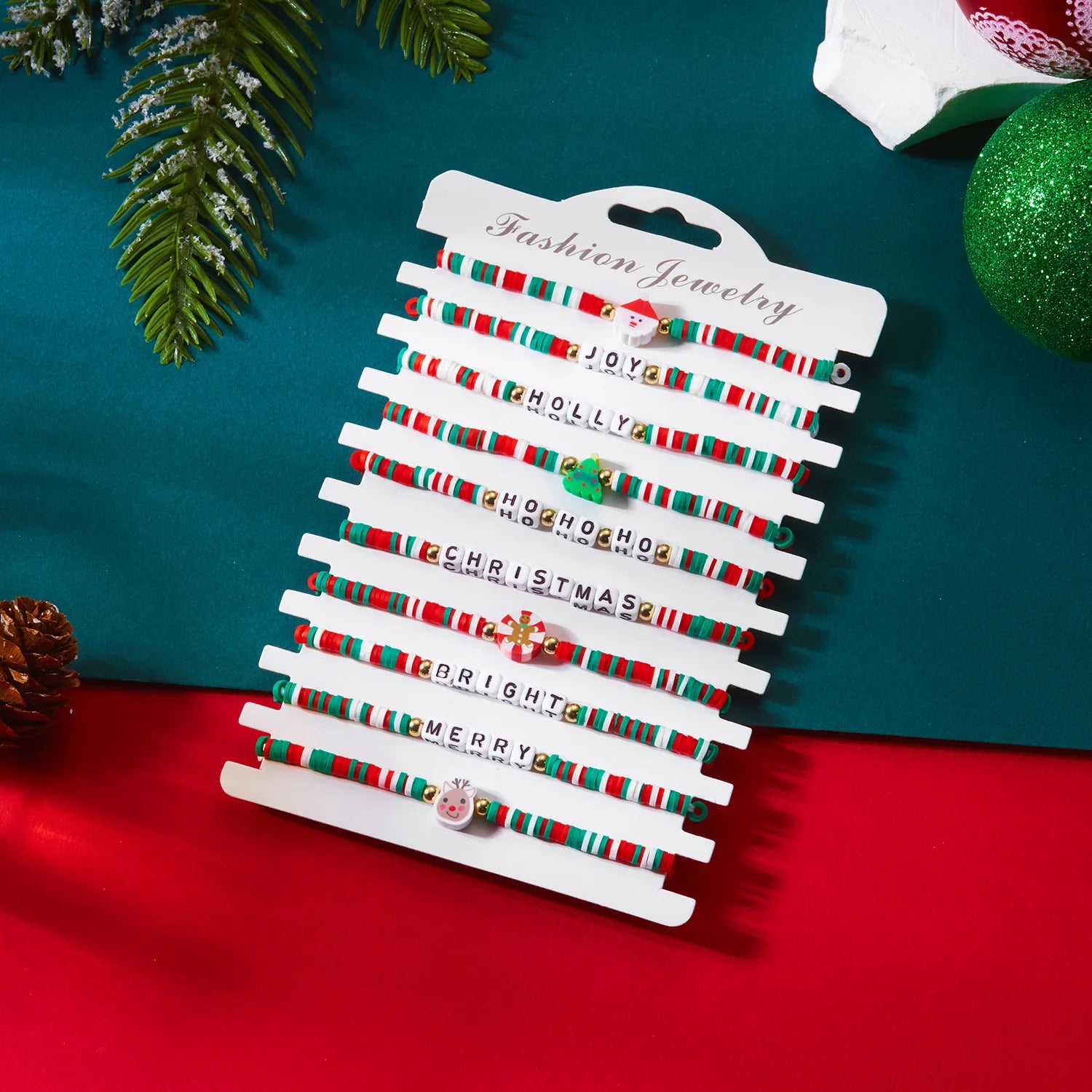 12/10Pcs Elastic Beaded Bracelets Christmas Colorful Beads Soft Clay Pottery Stretchy Strand Chain Bangle Party Festival Jewelry