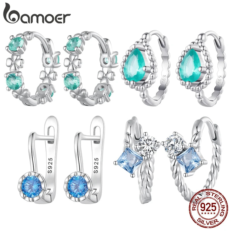 Bamoer 100% 925 Sterling Silver Original Blue Green Zircon Earrings Main Stone for Women Anniversary Wedding Fine Jewelry Gift