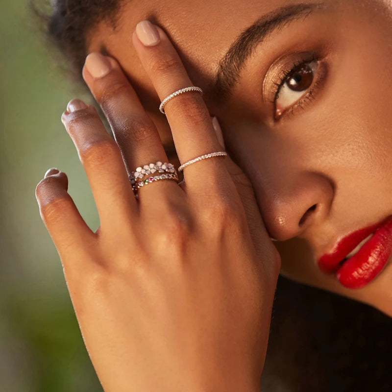 Bague BISAER en argent sterling 925 avec couronne bleue et rose, taille 5 à 9, bande de fleurs en émail pour amoureux, cadeau d'anniversaire, bijoux fins