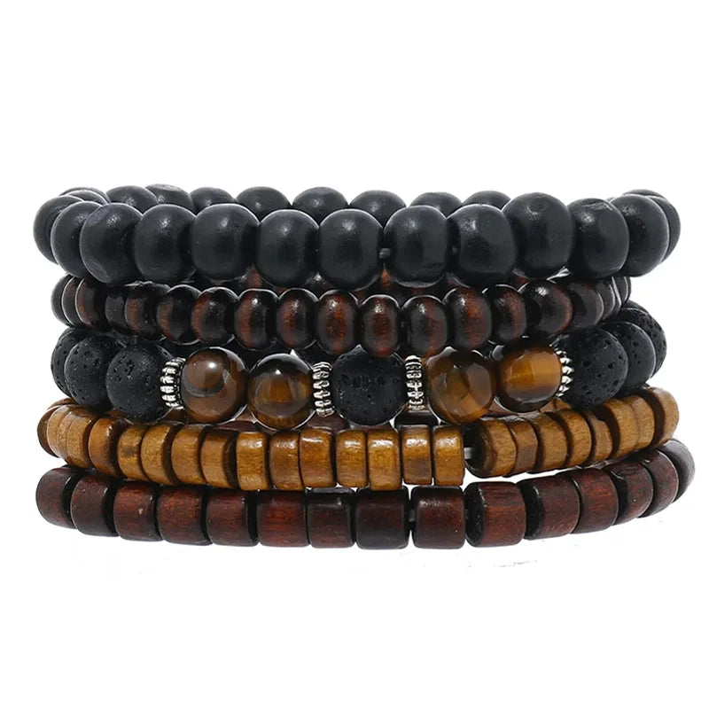 Vintage Cross Multi-Layer Beaded Wooden Beads Men's Bracelet Multi-Piece Set Bracelet