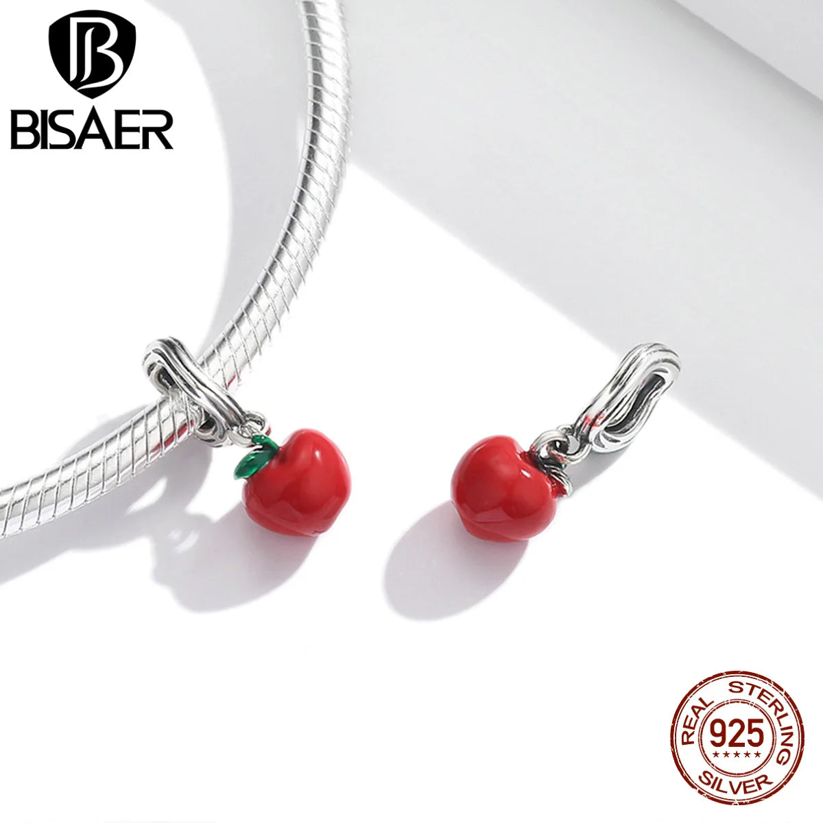 BISAER 925 Sterling Silver Red Love Charm Bead Koi Apple Cherry Mushroom Chili Ace Heart Pendant For Women DIY Bracelet Jewelry