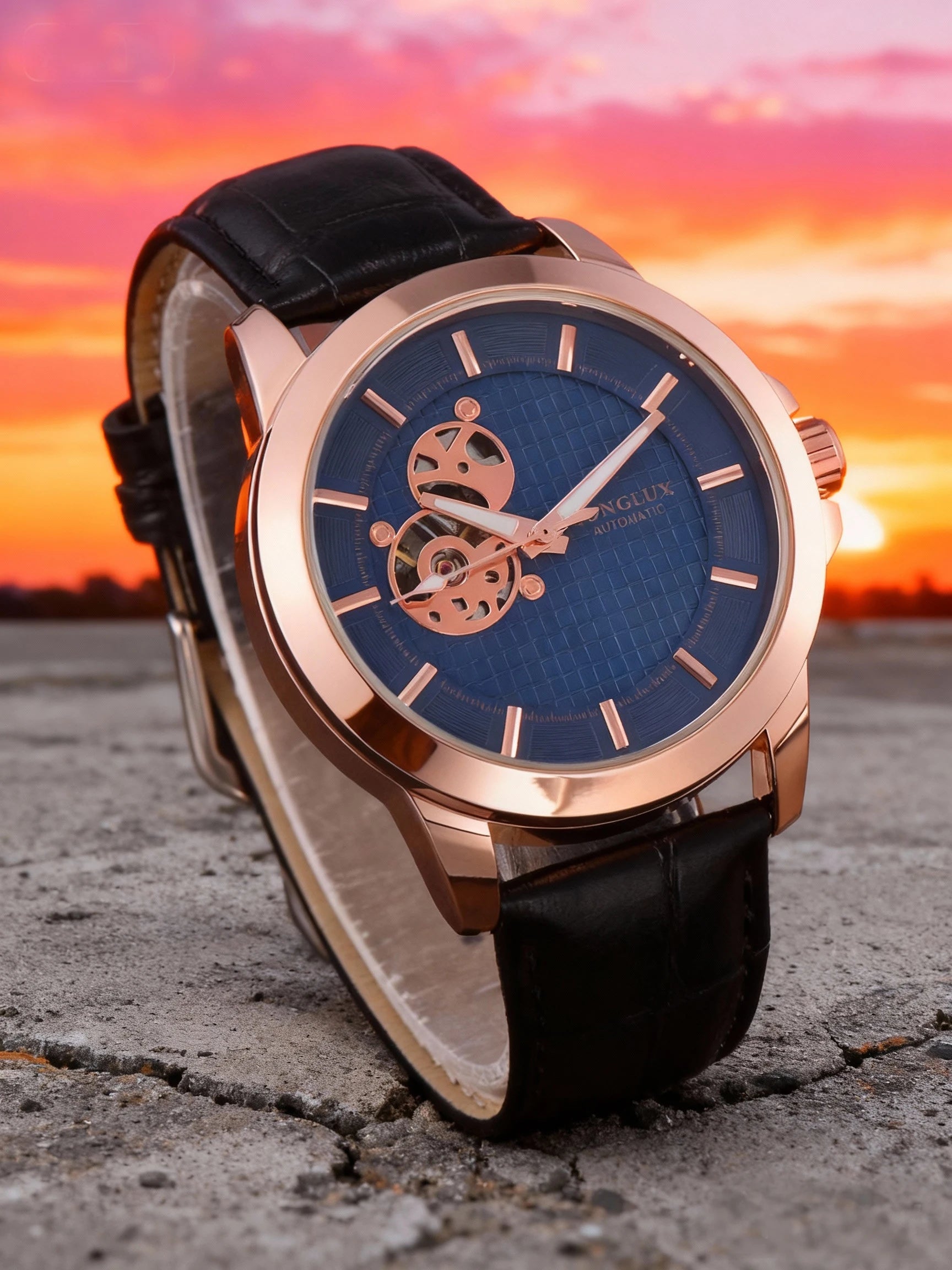 LONGLUX automatic watch Luxury elegant retro skeleton waterproof mechanical watches rose gold leather mens watch gift for you