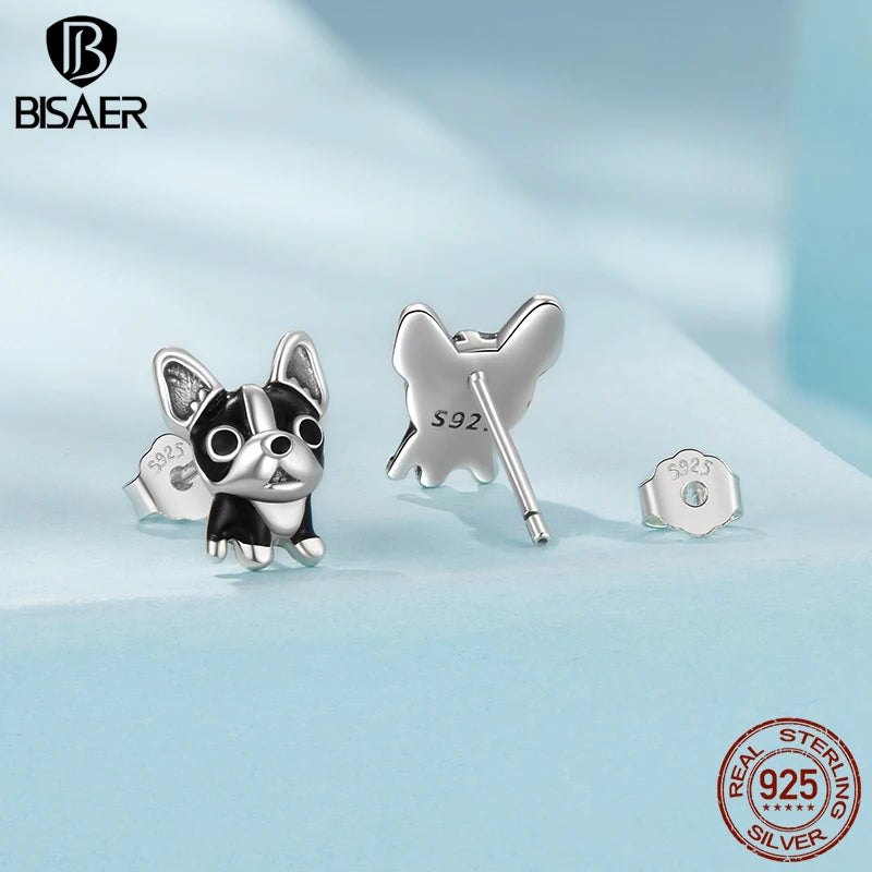 BISAER 925 Sterling Silver French Bulldog Stud Earrings Lovely Pet Animals Enamel Stud Ear for Women & Girls Party Fine Jewelry