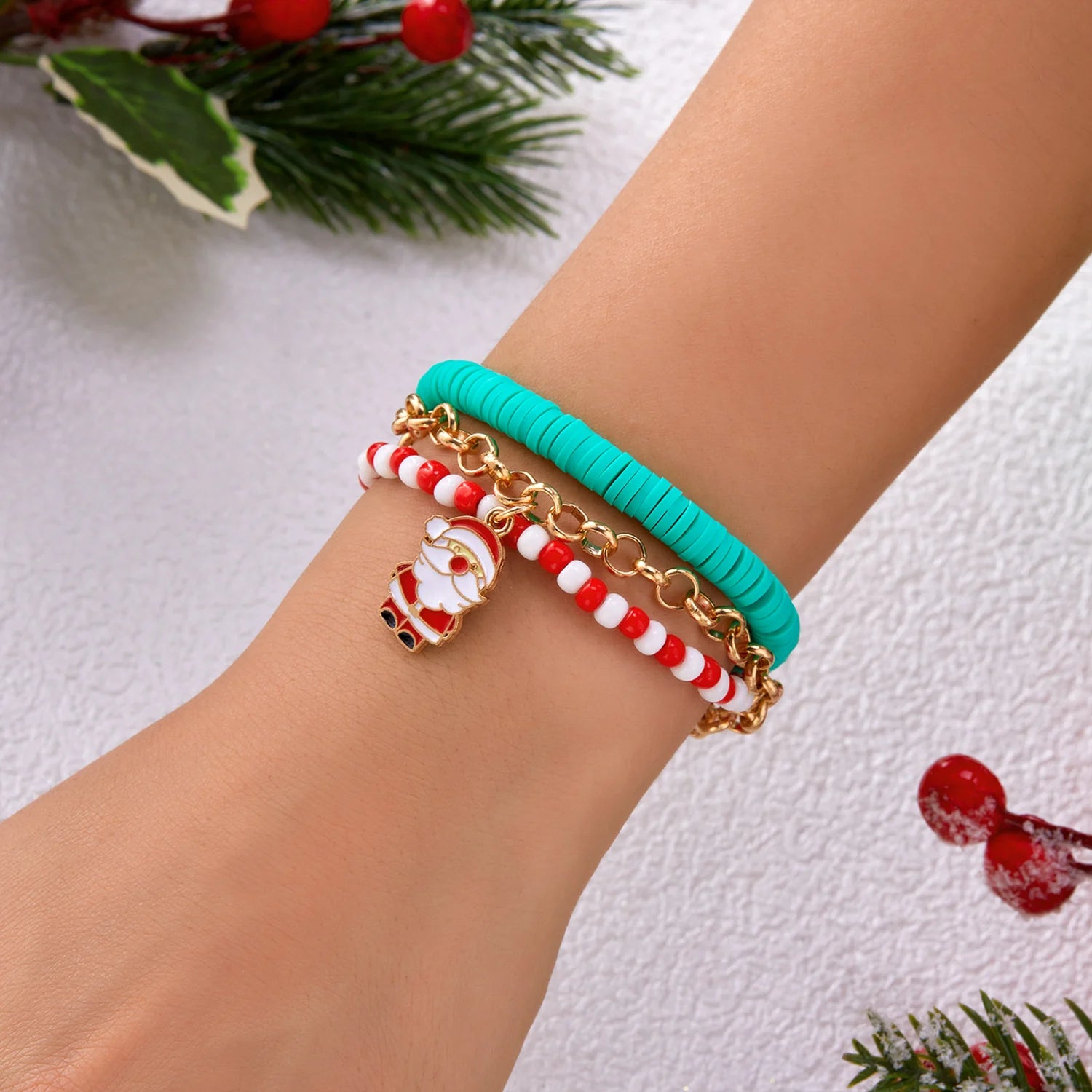 2 Pcs Christmas Colorful Beaded Bracelet Set For Women Xmas Tree Snowman Snowflake Pendant Polymer Clay Bangle Festival Jewelry