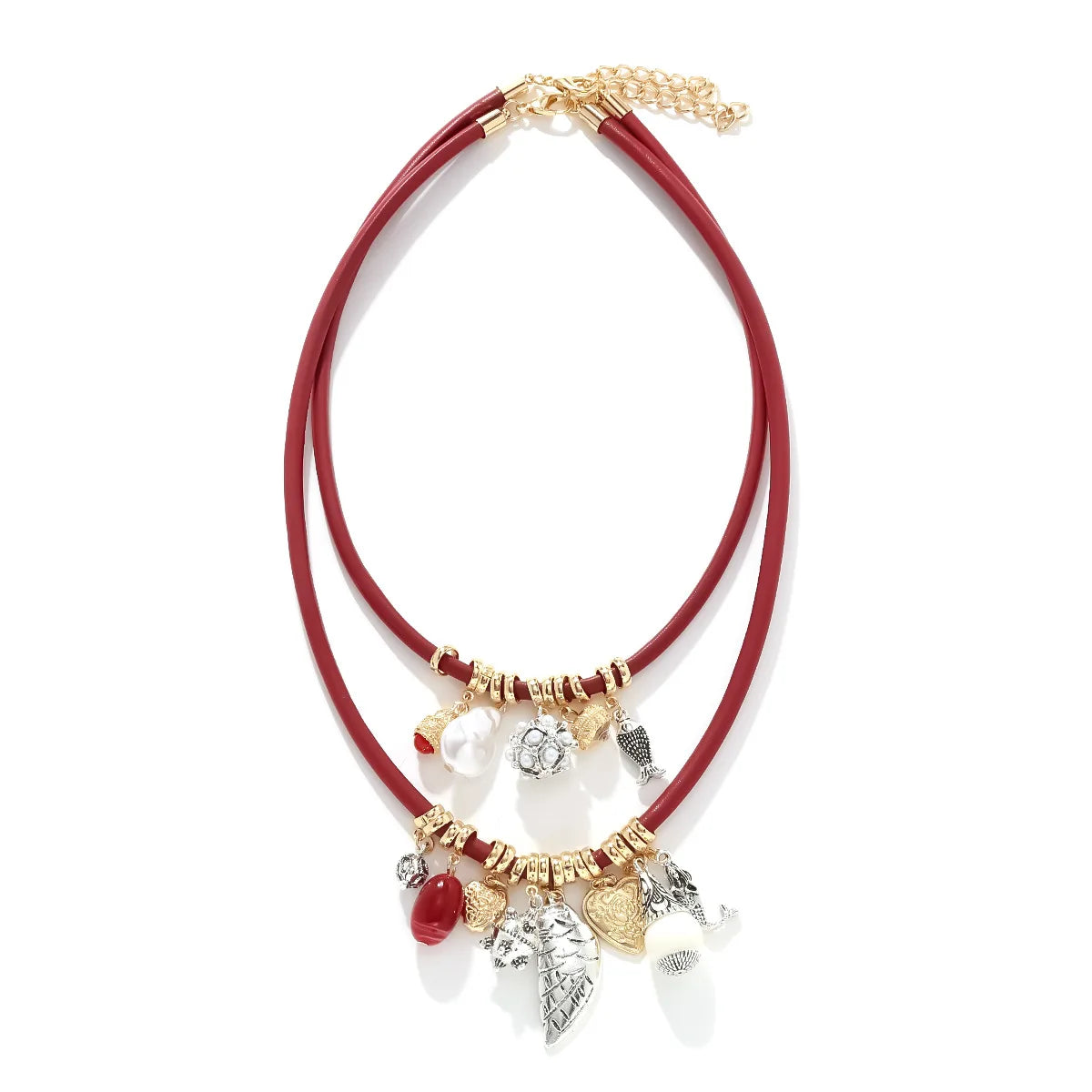 ZAA Luxury Multi-layer Leaf Small Fish Heart Pendant Leather Rope Necklace