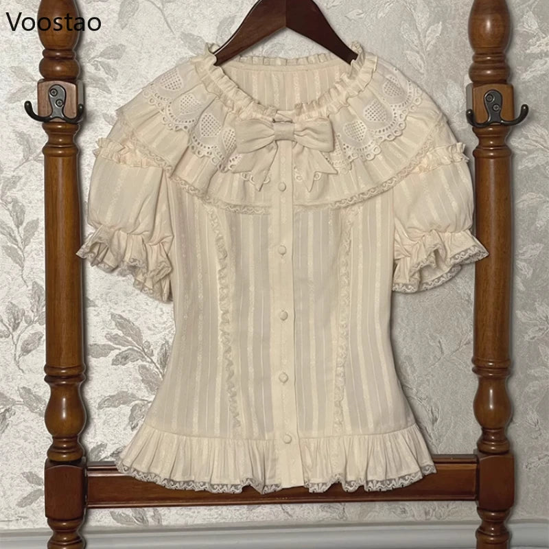 Sweet Lolita Style Shirts Women Vintage Kawaii Puff Short Sleeve Ruffle Bow Blouses Girls Gothic Y2k Slim Tops Punk Blusas Mujer