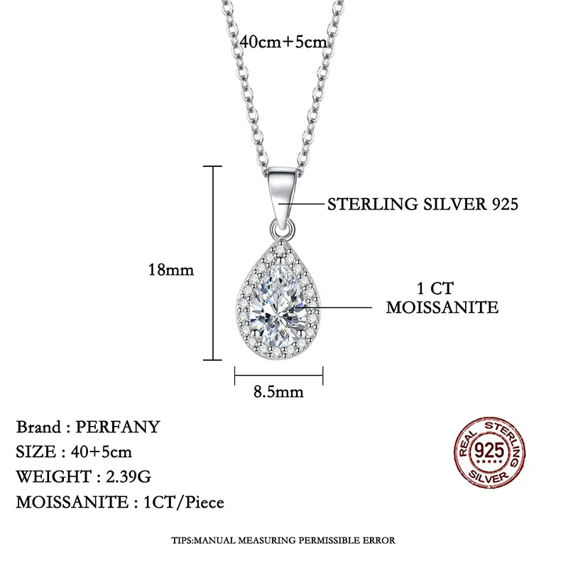 PERFANY 1CT Pear Cut Moissanite Necklace for Women S925 Pure Silver Sparkling Diamond Pendant Luxury Jewelry Party Gift - Madeinsea©