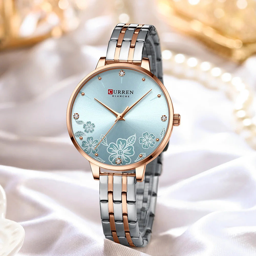 CURREN Fashion Quartz Wristwatches for Women Simple Stainless Steel Watch Bracelet with Flower Design Dial