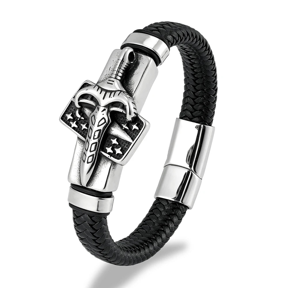 MKENDN Viking Style Men Braided Genuine Red Leather Bracelet Warrior's Sword Stainless Steel Magnetic Buckle Homme Pulseras