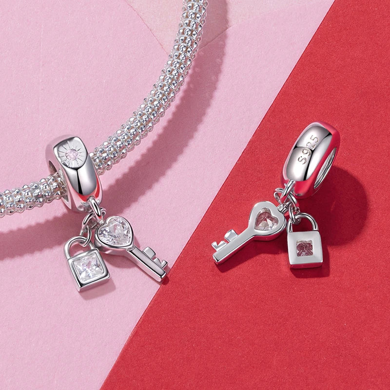 WOSTU Valentine Series 925 Silver Love Heart Charms Key Pendant Murano Glass Bead Fit Bracelet Jewelry Making Gift For Lover Her