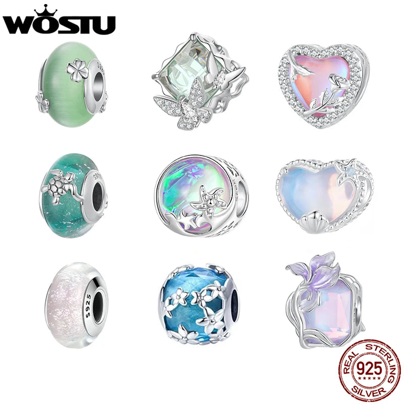 WOSTU 925 Sterling Silver Colorful Ocean Starfish Round Heart Charm Butterfly Murano Glass Bead Fit Original Bracelet DIY Gift