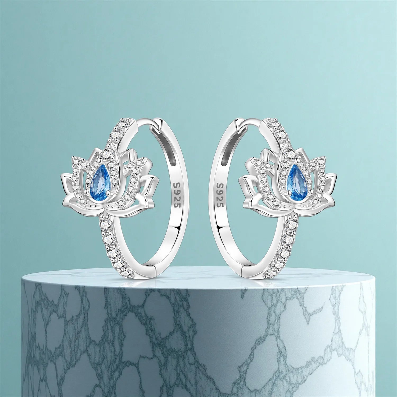 PANPOKI Original 925 Sterling Silver Blue Zircon Lotus Flower Earrings Women Hoop Earring Anniversary Jewelry Trendy Gifts