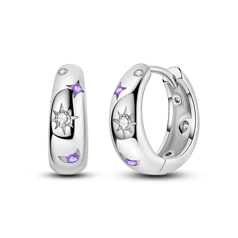 Classic Earrings 925 Silver Zircon Shiny Stars Moon Warm Sun Double Hoop Earrings For Women Original Birthday Party Jewelry Gift