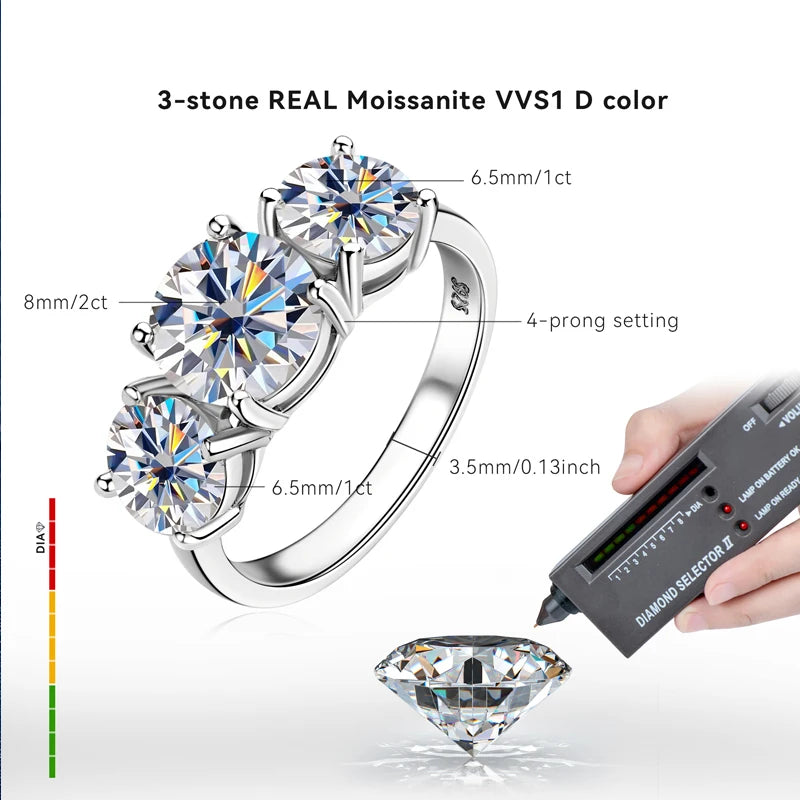 OXTAO Real 925 Silver Engagement Rings Ladies D Color Round Cut 3 Stone Wedding Engagement Promise Ring GRA Certified Jewelry