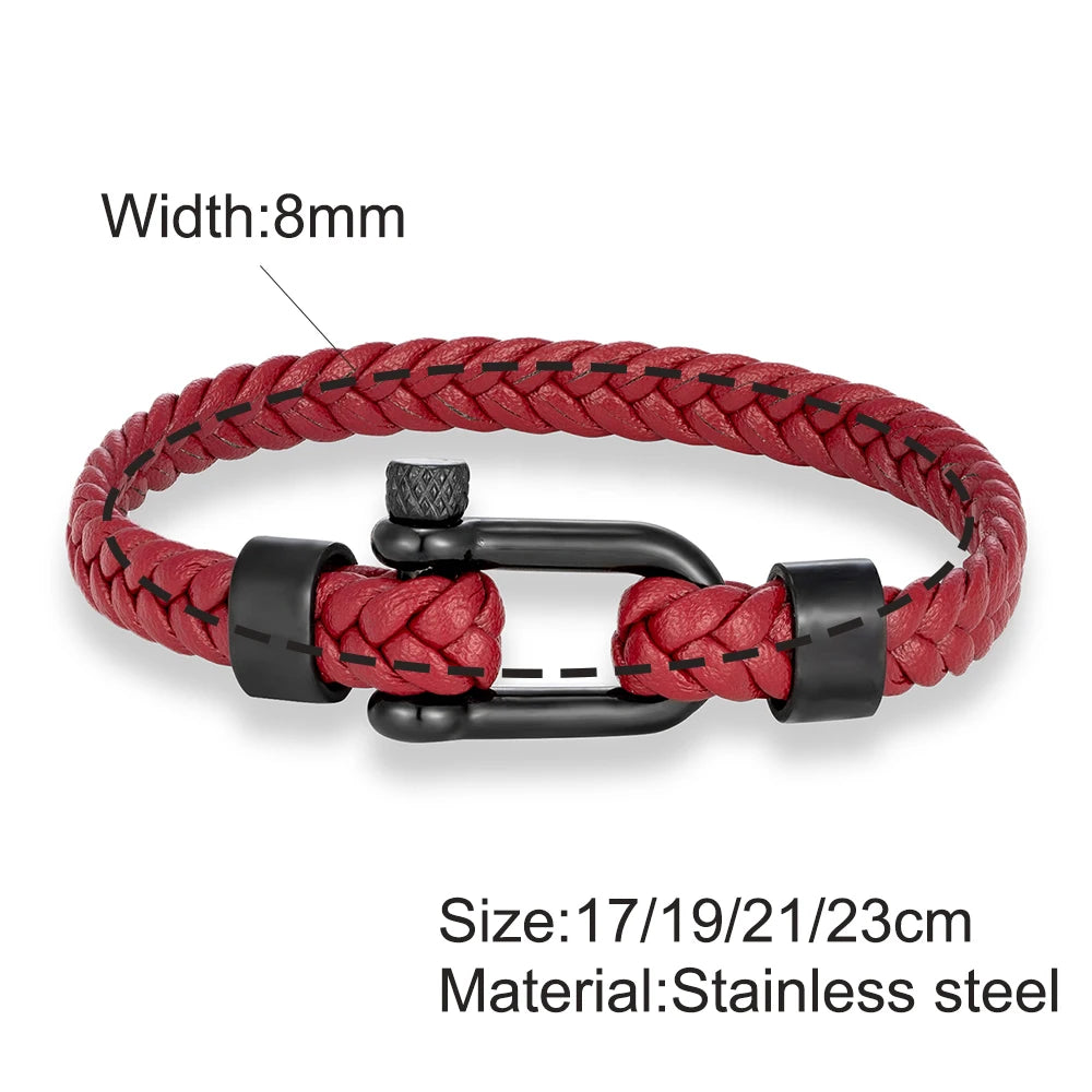 MKENDN Minimalist Nautical Style Braided Leather Bracelet Stainless Steel U-Shape Shackle Buckle Survival Jewelry For Men Women
