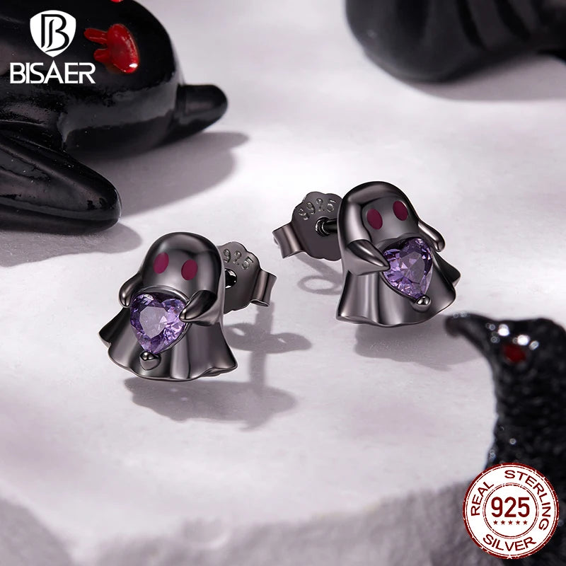 BISAER 925 Sterling Silver Ghost Stud Enamel Black Process Earrings for Women Party Fine Jewelry Halloween Gifts ECE1961
