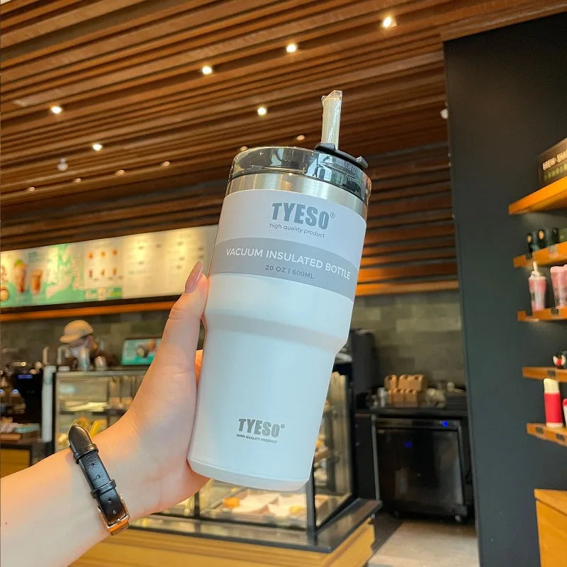 Tyeso 600/890ML Stainless Steel Coffee Mug With Straw Car Water Bottle Vacuum Flask Tumbler Insulated Cup Double Thermos Bottle