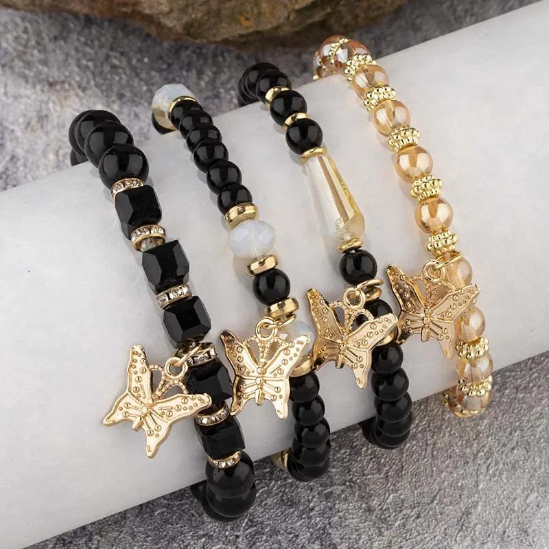 4Pcs Bohemia Butterfly Charm Bracelet Set For Women Acrylic Beads Elastic Chain Bangle Men Wristband Fashion Party Jewelry Gift