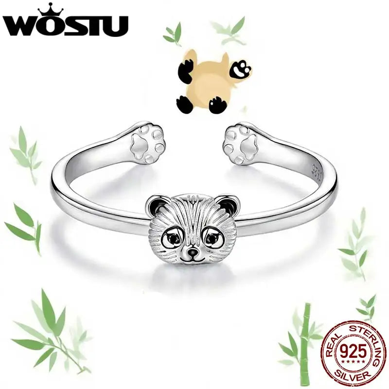 WOSTU 925 Sterling Silver Cute Panda Open Ring With Paw Print For Girl Daugther, Original Animal Stackable Rings Party Gift