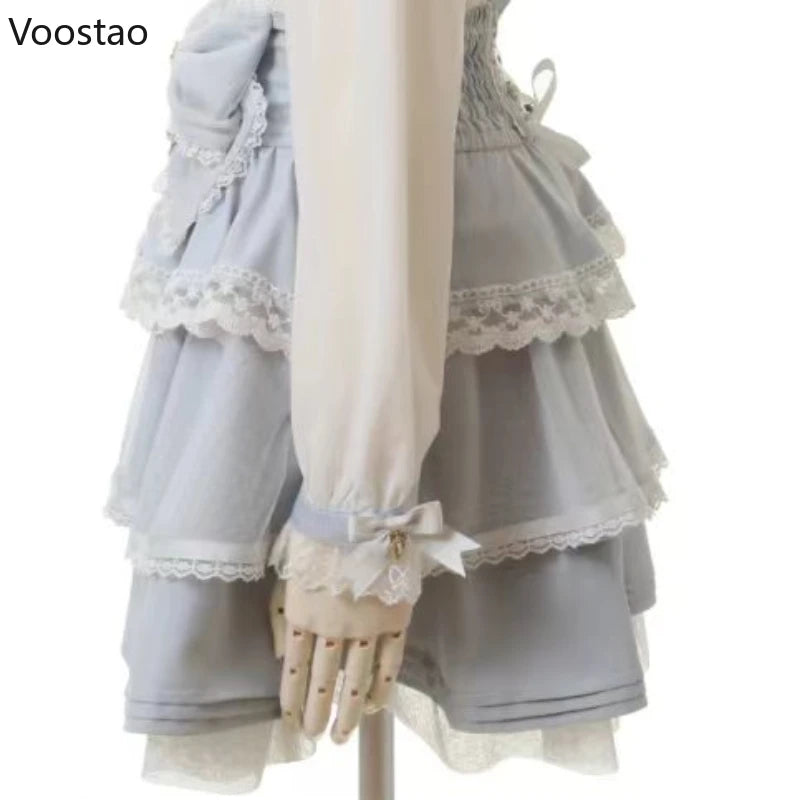 Japanese Sweet Lolita Style Mini Skirt Women Elegant Bow Pearl Chain Party Cake Skirts Female Gothic Y2k Lace Ruffle Short Skirt