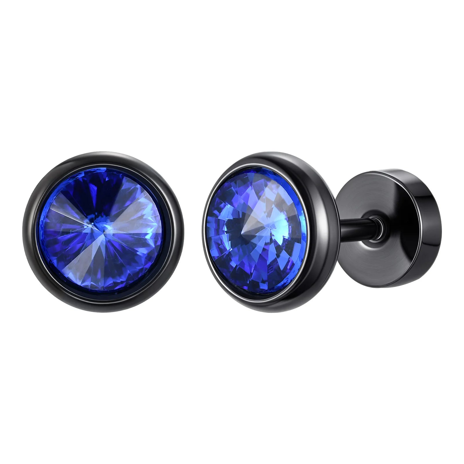 Vnox Multi-faced Cut Zircon Stone Earrings for Men Boys, Screw Back Stud Barbell Shaped Earrings,Black Stainless Steel Jewelry