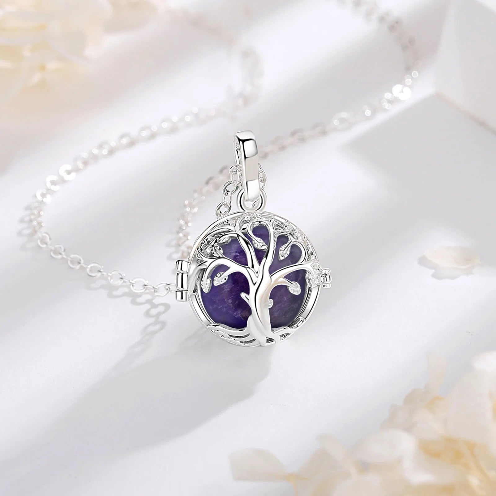 Eudora Tree of Life Cage Amethyst Necklace Energy Healing Crystal Stone Obsidian Lapis Pendant Spiritual Jewelry Meditation Gift