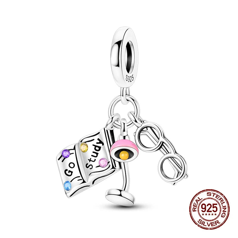 Original 925 Sterling Silver Charms Beads Graduation Season College Entrance Bachelor's Cap Pendant for Bracelet Charm Jewelry