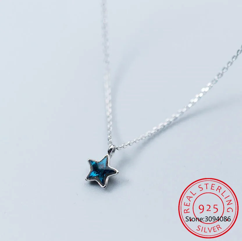 100% 925 Solid Sterling Silver Necklace Women Girl Sweet Star Blue CZ 40cm Short Clavicle Necklace For Teen Jewelry DS981