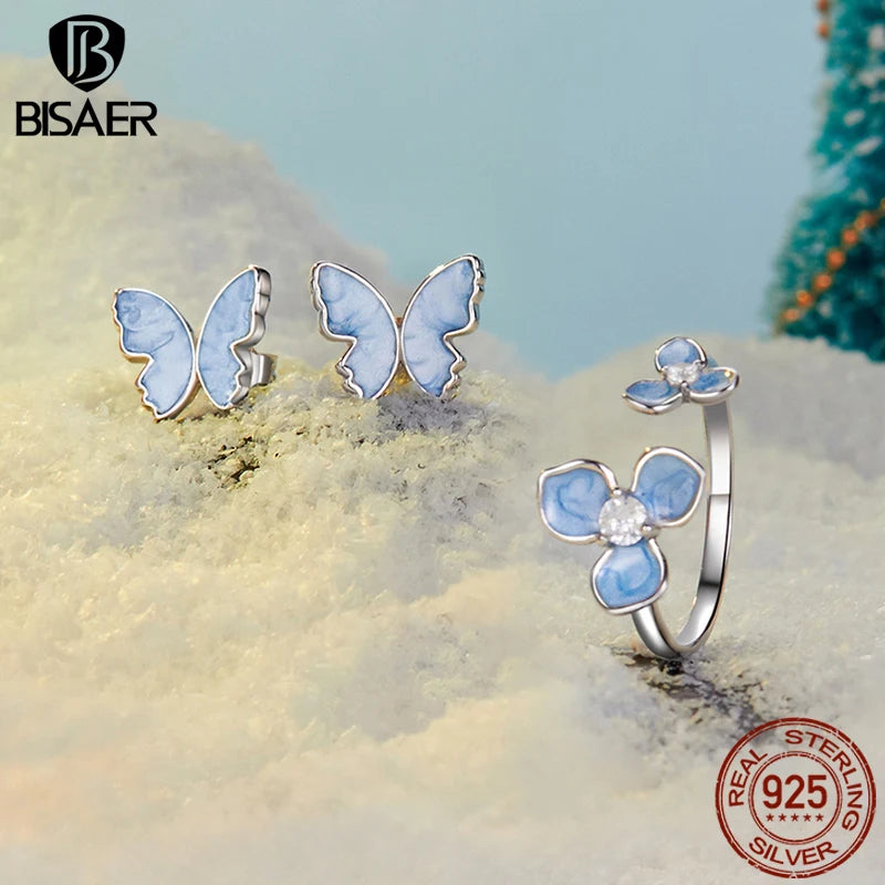 BISAER Real 925 Sterling Silver Butterfly Jewelry Set Bule Enamel Process Stud Earrings Open Ring For Women Party Fine Jewelry