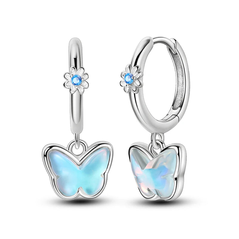 New Earring For Women 925 Silver Sparkling Butterfly Bear Pink Heart Princess Double Hoop Earrings Luxury Party Jewelry