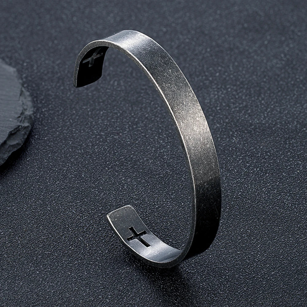 Gold Color Stainless Steel Cross Cuff Bracelet for Men Carving Design Fashion Wristband Hand Accessory Perfect Gift for Him