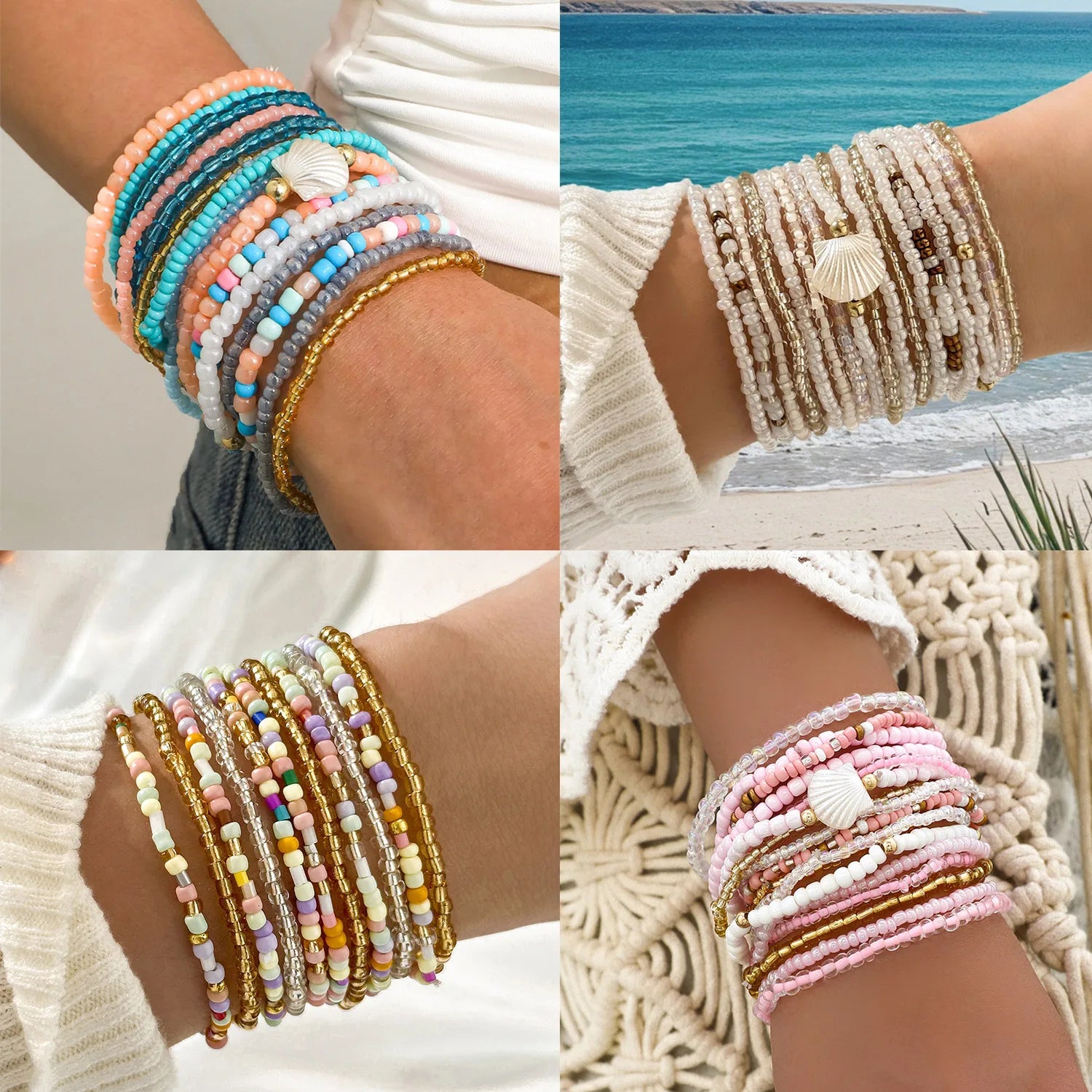 17/10Pcs Elastic Beaded Bracelets Bohemian Colorful Beads Stretchy Strand Chain Bangle Girls Summer Beach Party Vacation Jewelry