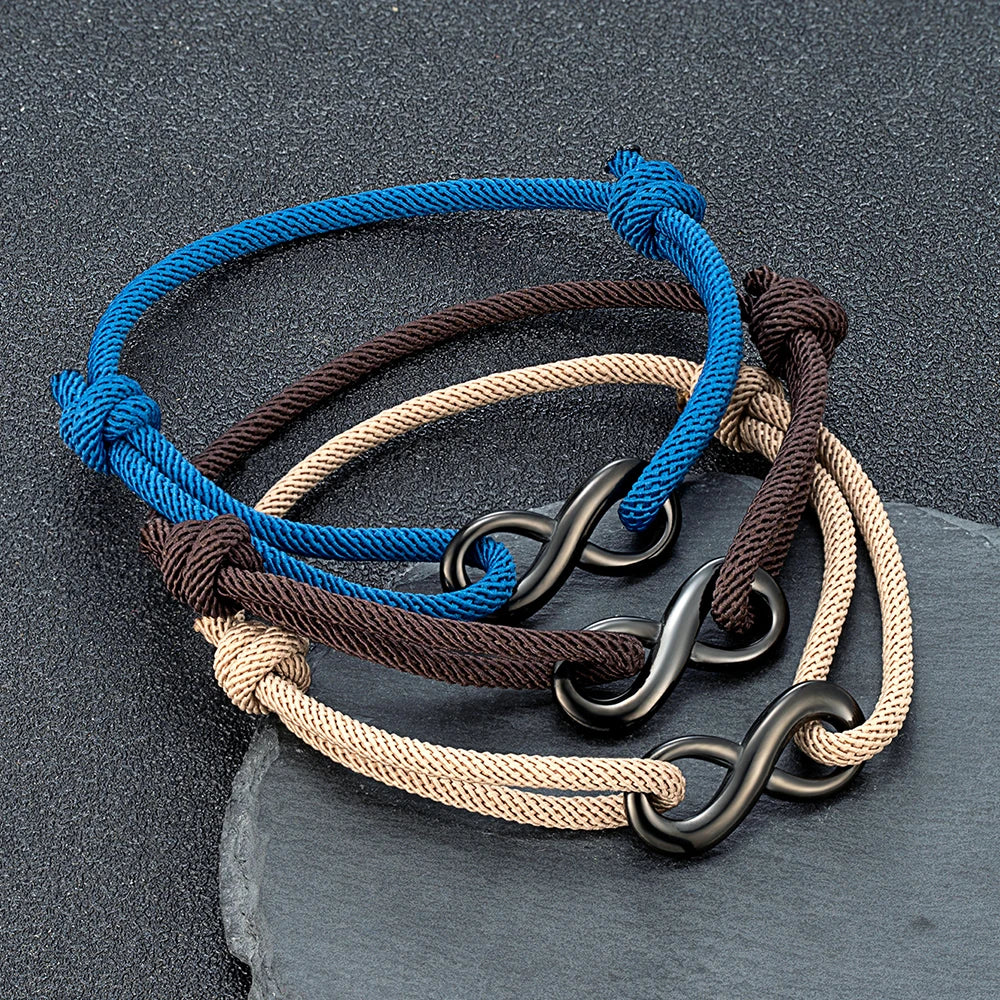 MKENDN Personalized Infinity Bracelet Adjustable Braided Rope Bracelet For Couple Black Stainless Steel Matching Jewelry Gifts