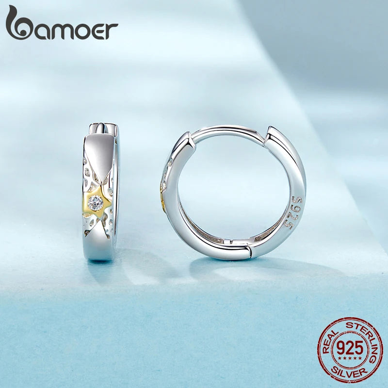 BAMOER Creolen aus 925er Sterlingsilber mit Stern-Motiv für Damen, vergoldete Creolen, schlichte, minimalistische Creolen, hypoallergene Ohrringe