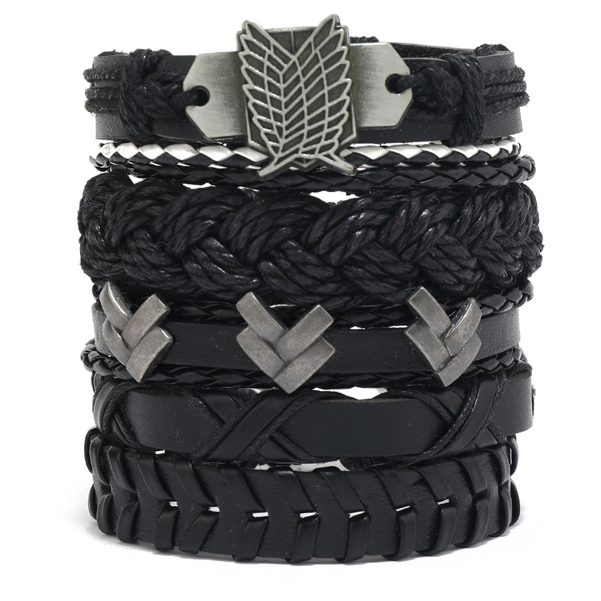 Fashion Black Skull Multi-layer Beaded Hand Leather Bracelet for Men Set Adjustable DIY Leather Winding Hand Rope