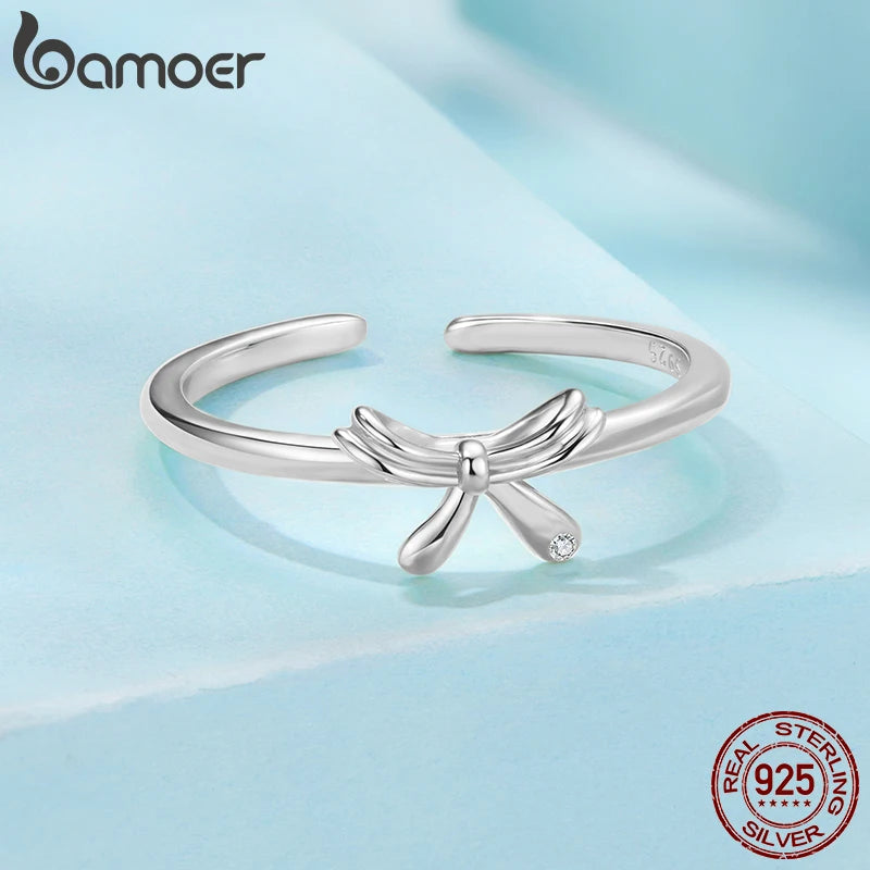 BAMOER 925 Sterling Silver Bowknot Ring for Women Promise Ring High Polish Comfort Fit Band Ring